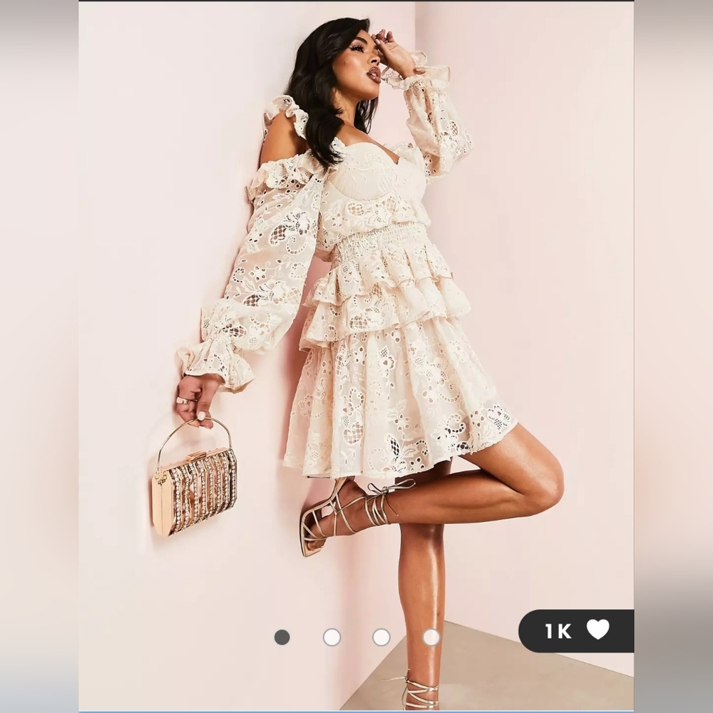 ASOS LUXE organza eyelet cold shoulder tiered mini dress in stone